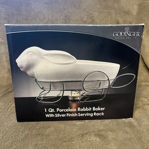 Godinger Silver Art Porcelain 1 Quart White Rabbit Baker Dish w/Warming Rack~NIB